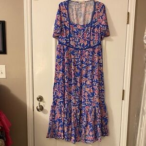 Floral Square-Neck maxi Dress - Blue, Coral, Lavender, Cream & Pink.